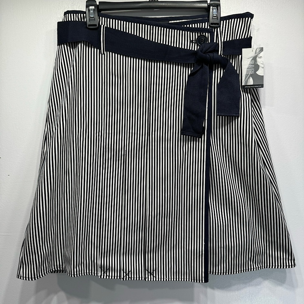 Navy and Ivory Striped Wrap Skirt Button Detail & Sash Tie by Work to Weekend